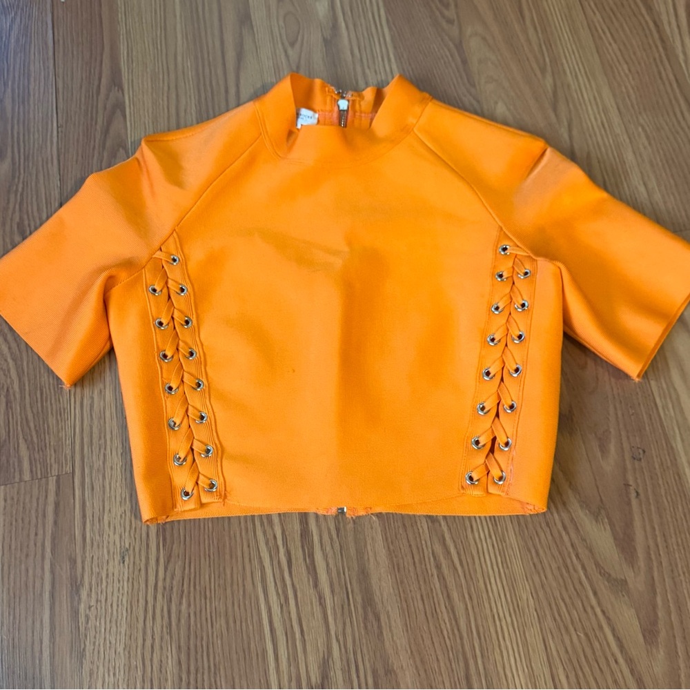 Mistress Rocks Orange‎ Short Sleeve Crop Top with Eyelet Lace Side Detail Size L